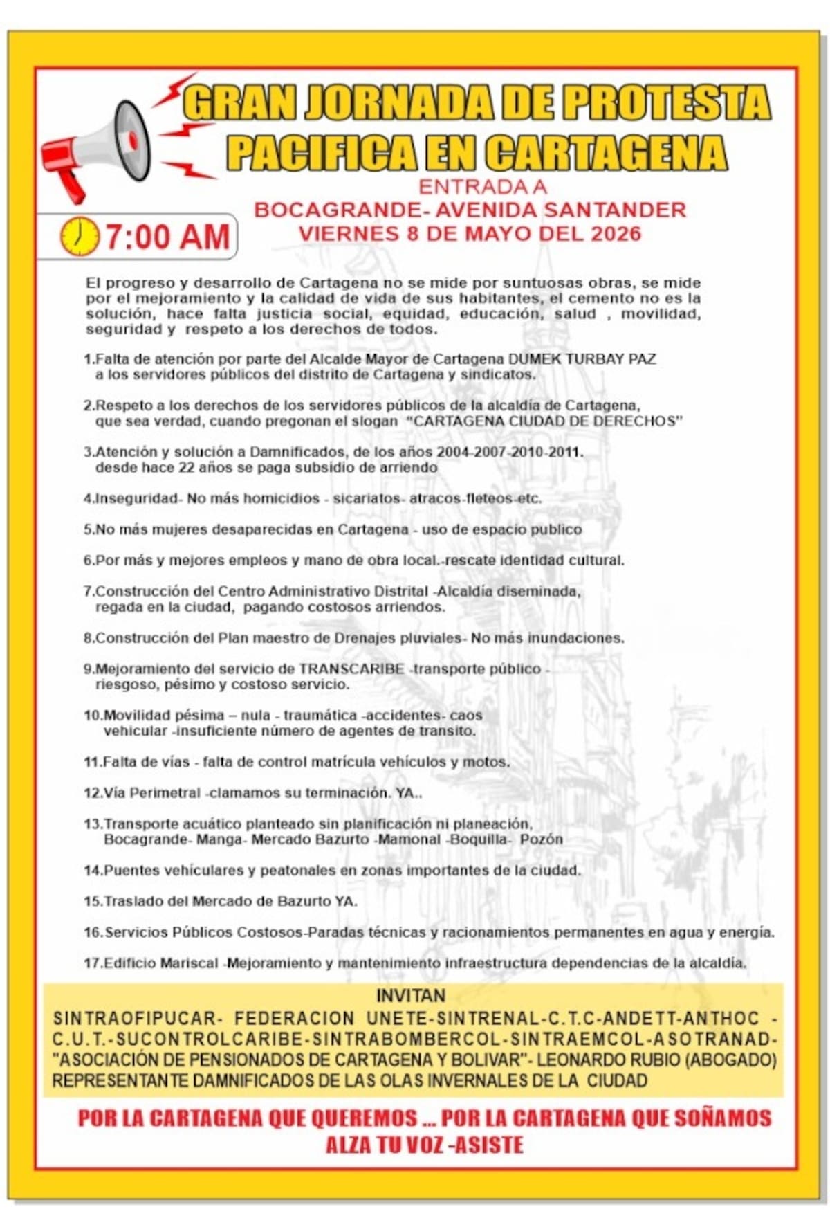 Sindicatos de la Alcaldía de Cartagena anuncian protesta para el 8 de mayo de 2026. // Foto: Cortesía - SintraofIpucar.