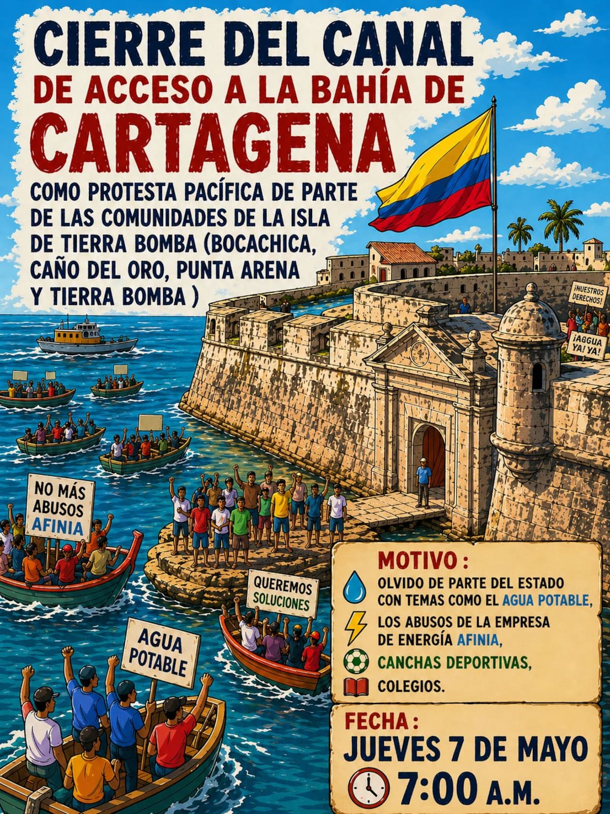 Protesta de comunidades de Tierrabomba en canal de acceso a bahía de Cartagena. // Foto: Cortesía - Voceros protesta Tierrabomba.