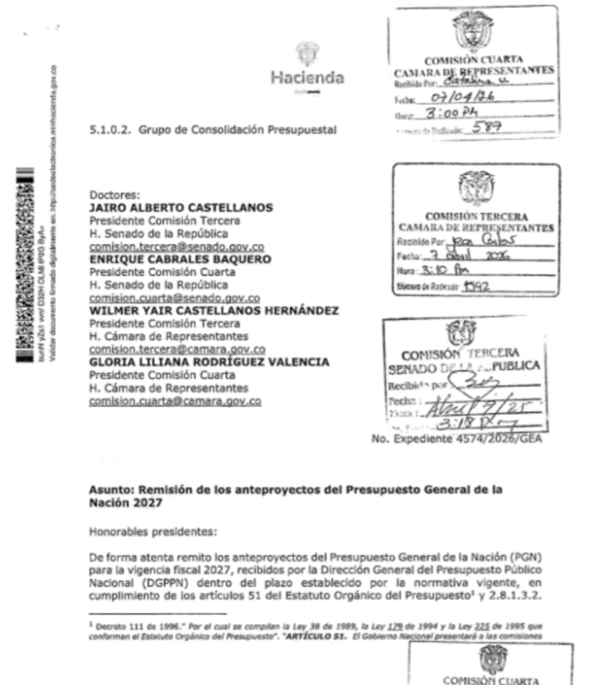 Radican anteproyecto del Presupuesto General de la Nación 2027. // Foto: captura de pantalla