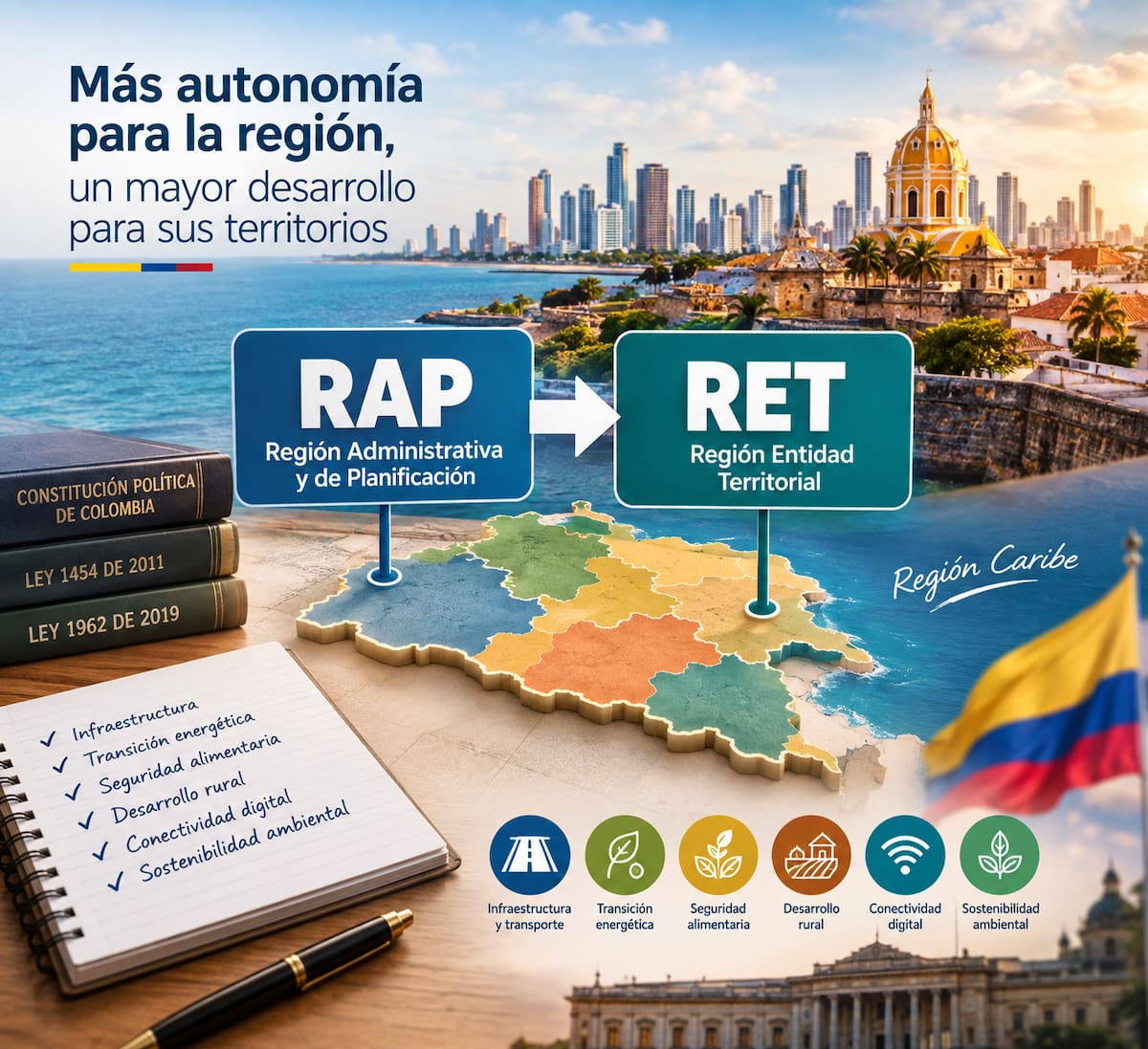 La transformación de la Región Administrativa y de Planificación (RAP) en Región Entidad Territorial (RET) permitiría mayor autonomía para la inversión y la administración del territorio, pero también implicaría nuevos retos en materia de planeación, burocracia y gobernanza. // Ilustración con IA