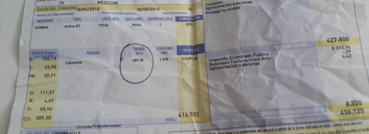 Para el mes de mayo, la tarifa es de 389.30 CORTESÍA