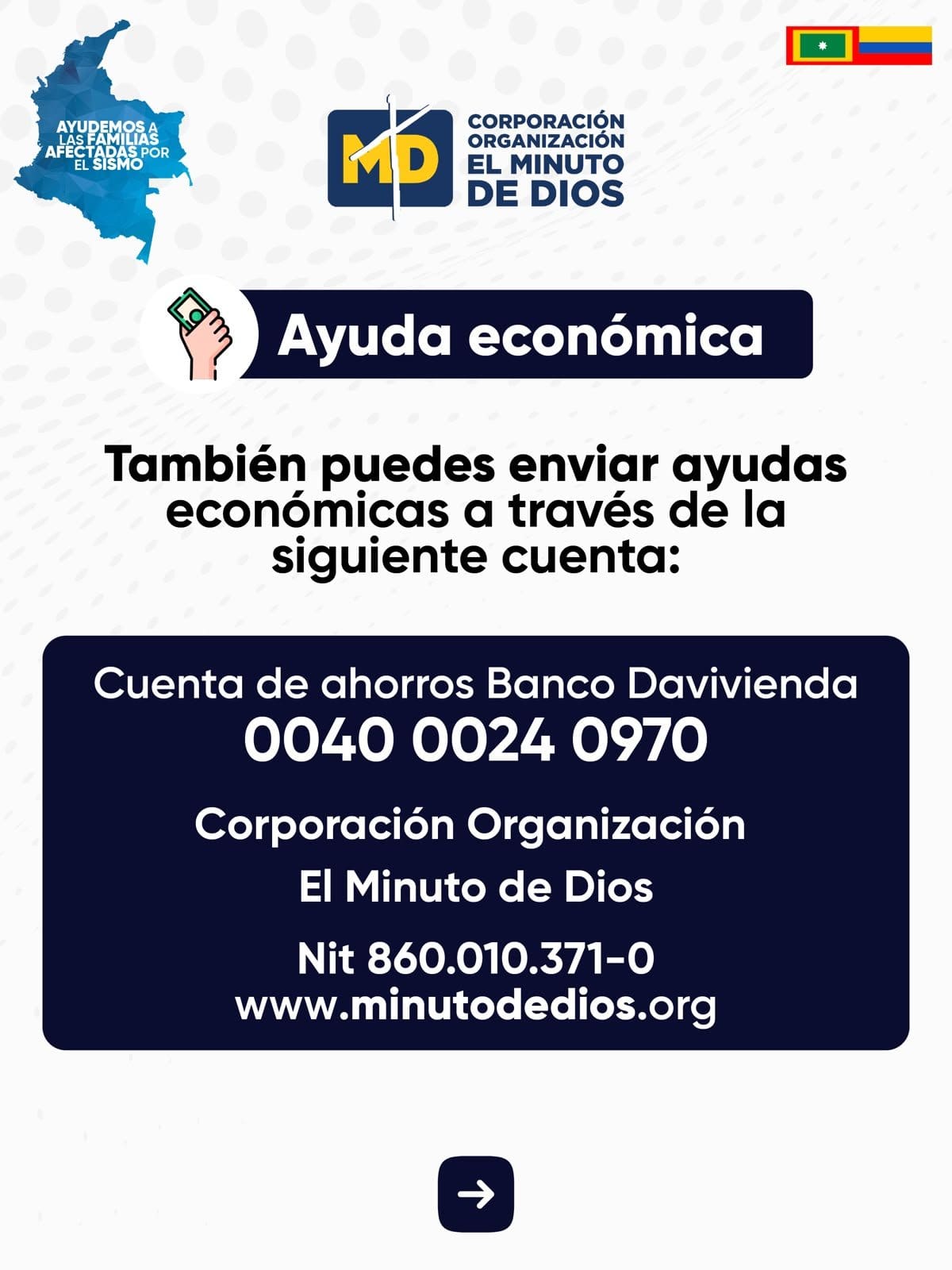 Número de cuenta habilitado para donaciones a afectados por terremoto en Colombia. // Foto: Alcaldía de Cartagena.