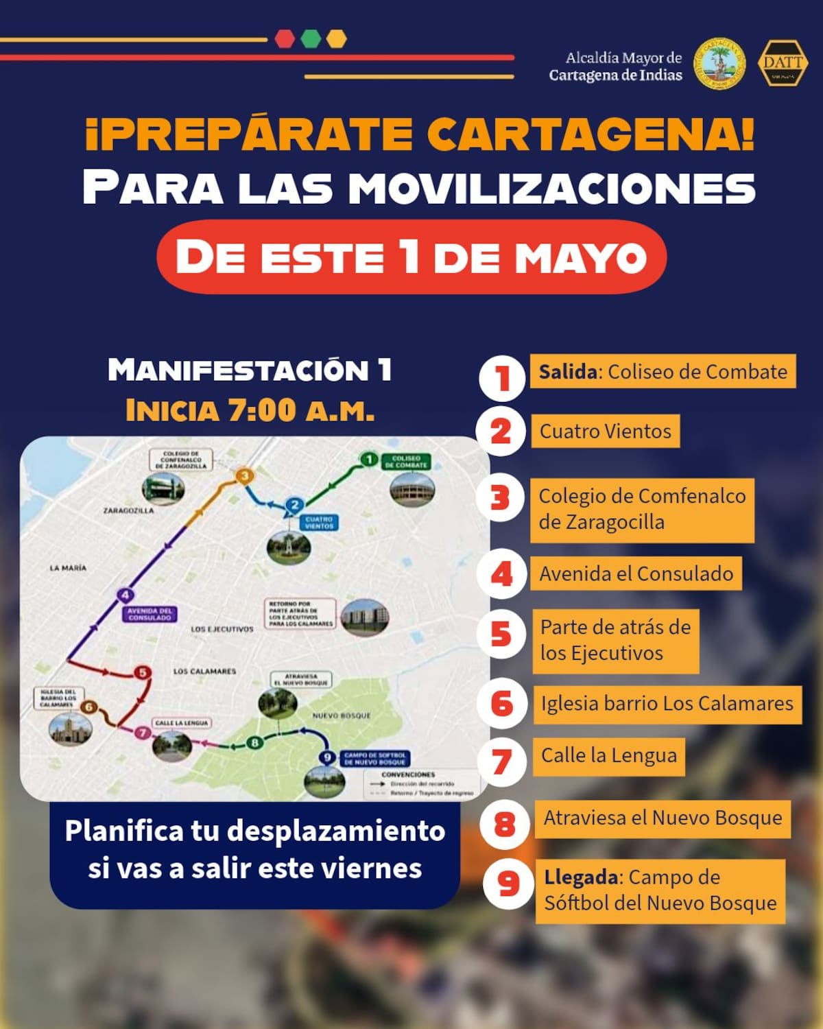 Recorrido de la manifestación 1 en Cartagena por el Día del Trabajo. // Foto: cortesía DATT