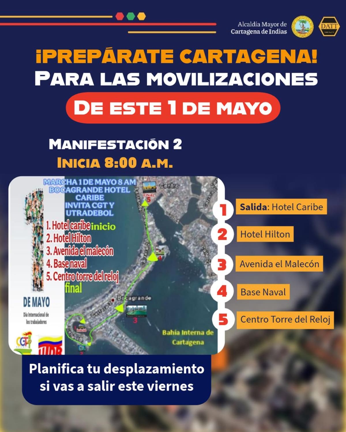 Recorrido de la manifestación 2 en Cartagena por el Día del Trabajo. // Foto: cortesía DATT