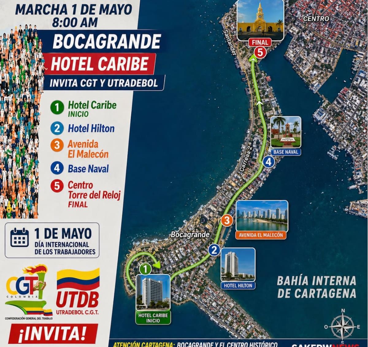 Este es el recorrido de la marcha programada por CGT y UTDB para este 1 de mayo a las 8 a.m.