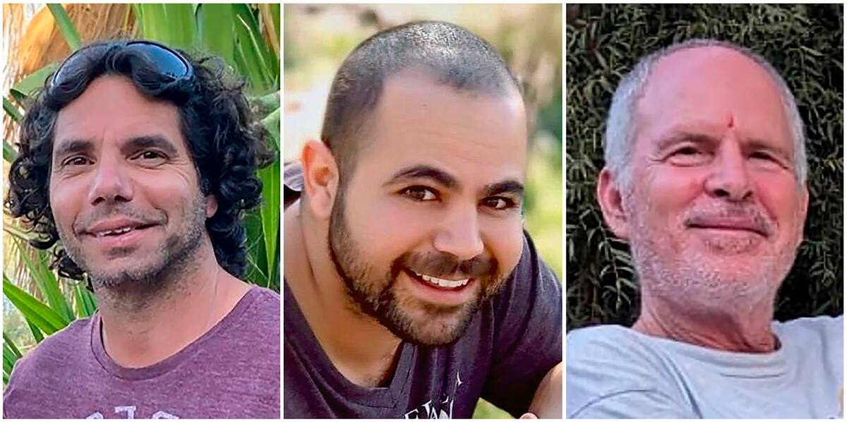 Rehenes que serán liberados en Gaza Ofer Calderon (i), de 54 años; Keith Shmonsel (d), de 65 años y origen estadounidense y Yarden Bibas, el padre de los dos niños que quedan en cautiverio junto a su madre, Shiri Bibas, todos de origen argentino. //EFE