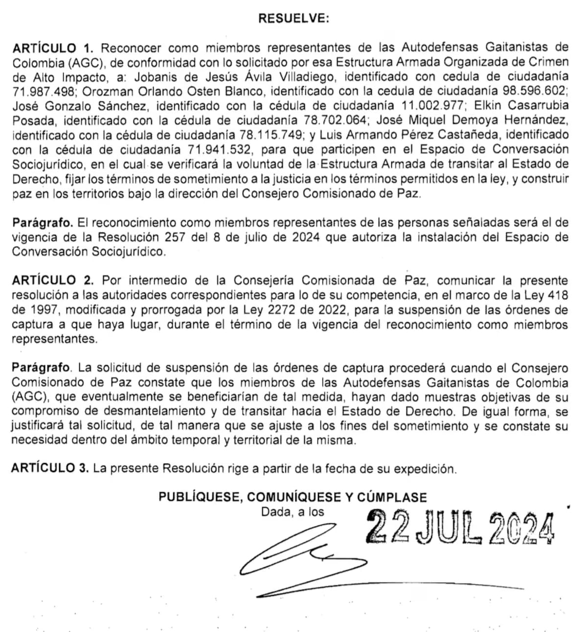 Resolución del presidente Gustavo Petro para negociaciones de paz con el Clan del Golfo. // Cortesía.