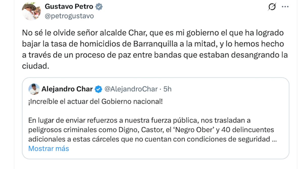 Esta es la respuesta del presidente de Colombia, Gustavo Petro al alcalde Alejan dio Char.//Captura de pantalla.