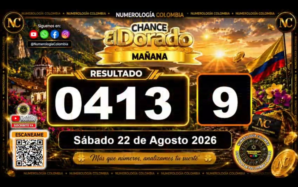 Resultado del sorteo del chance El Dorado Mañana del 22 de agosto de 2026. // Foto: captura de pantalla de Youtube @NumerologíaColombia