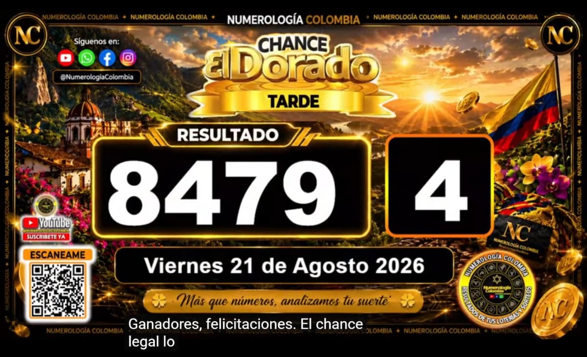 Resultado del sorteo del chance El Dorado Tarde del 21 de agosto de 2026. // Foto: captura de pantalla de Youtube @NumerologíaColombia