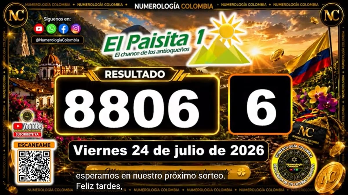 Resultado del sorteo del chance El Paisita Día del 24 de julio de 2026. // Foto: captura de pantalla de Youtube