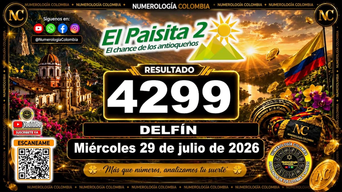 Resultado del sorteo del chance El Paisita Noche del 29 de julio de 2026. // Foto: captura de pantalla de Youtube @NumerologíaColombia