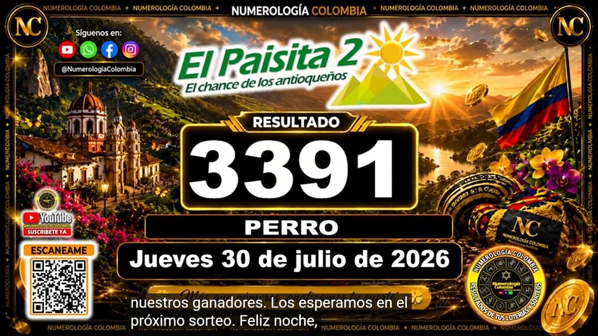 Resultado del sorteo del chance El Paisita Noche del 30 de julio de 2026. // Foto: captura de pantalla de Youtube @NumerologíaColombia