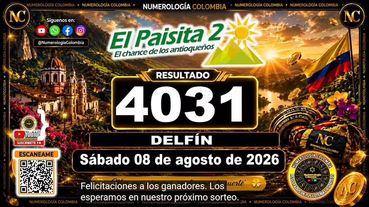 Resultado del sorteo del chance El Paisita Noche del 8 de agosto de 2026. // Foto: captura de pantalla de Youtube @NumerologíaColombia