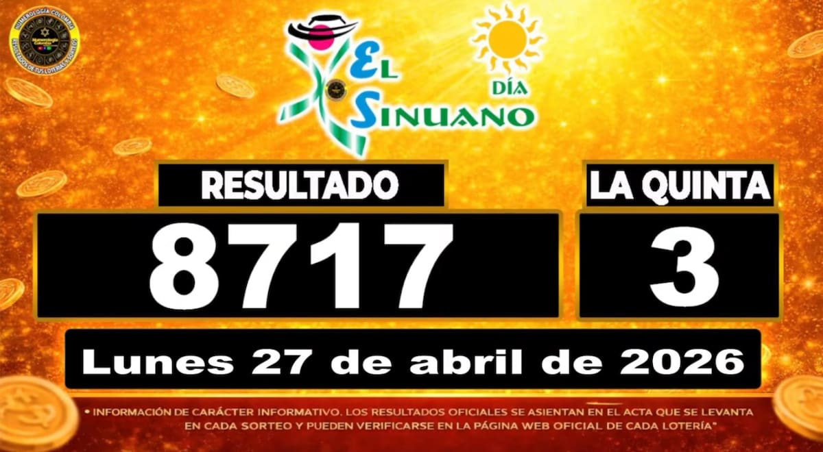 Resultado del sorteo del chance El Sinuano Día del 27 de abril de 2026. // Foto: captura de pantalla