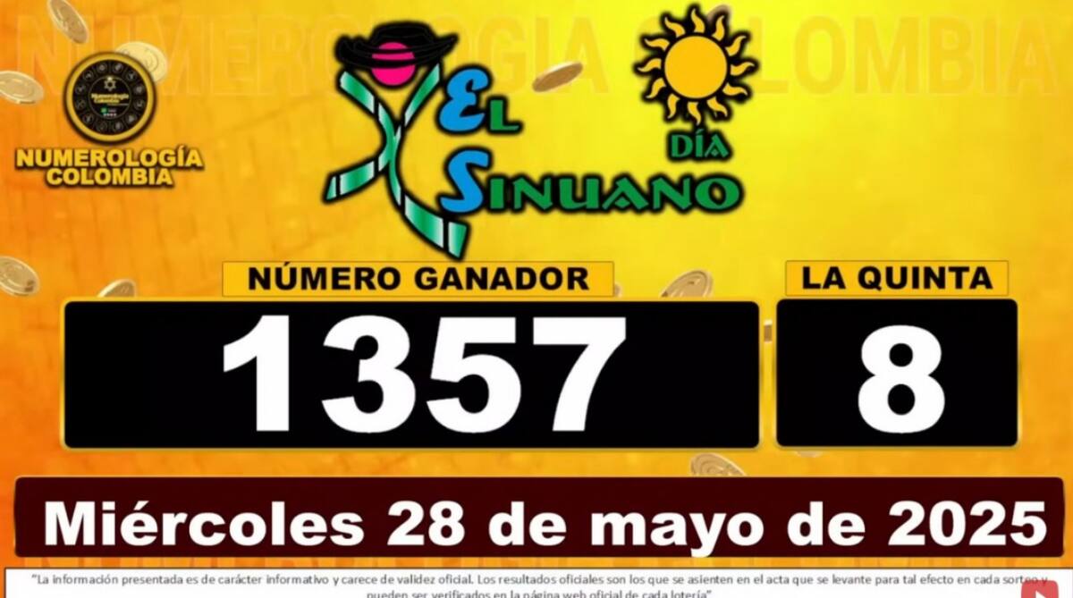 Resultado del sorteo del chance El Sinuano Día del 29 de mayo del 2025. // Foto: captura de pantalla