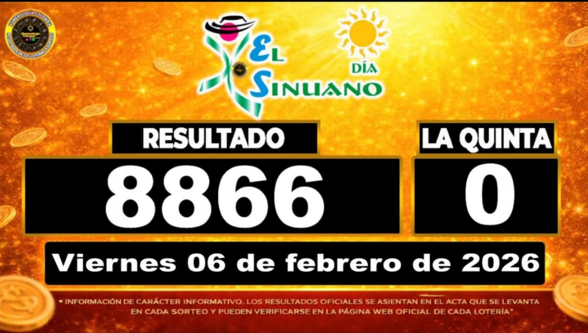 Resultado del sorteo del chance El Sinuano Día del 6 de febrero de 2026. // Foto: captura de pantalla