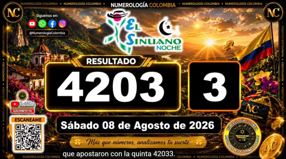 Resultado del sorteo del chance El Sinuano Día del 7 de agosto de 2026. // Foto: captura de pantalla de Youtube @NumerologíaColombia