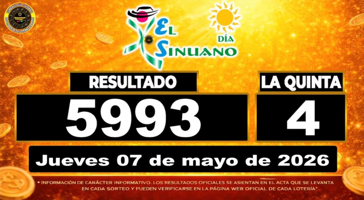 Resultado del sorteo del chance El Sinuano Día del 7 de mayo de 2026. // Foto: captura de pantalla