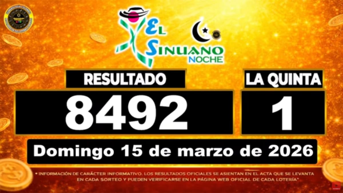 Resultado del sorteo del chance El Sinuano Noche del 15 de marzo de 2026. // Foto: captura de pantalla