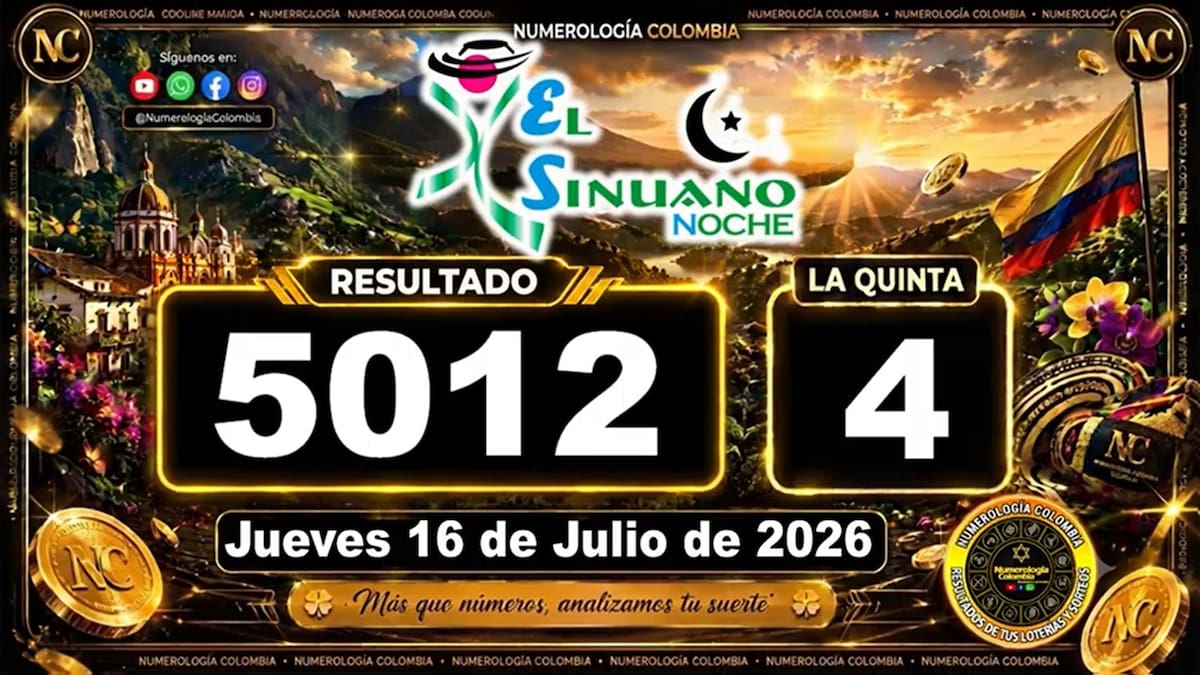 Resultado del sorteo del chance El Sinuano Noche del 16 de julio de 2026. // Foto: captura de pantalla de Youtube @NumerologíaColombia