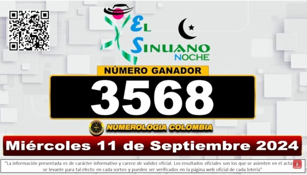 Resultado del sorteo del chance El Sinuano Noche del miércoles 11 de septiembre del 2024. // Foto de internet