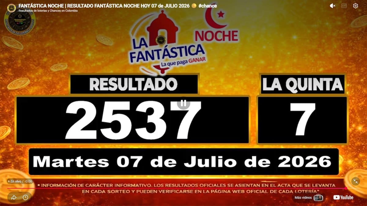 Resultado del sorteo del chance La Fantástica Noche del 7 de julio de 2026. // Foto: captura de pantalla de Youtube @NumerologíaColombia