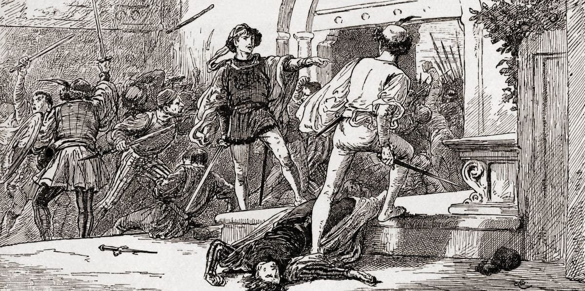 Romeo asesina a Teobaldo y es exiliado por Escala; Gordon Frederick Brown.