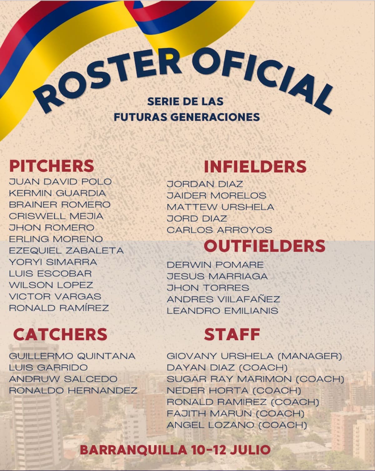 Este es el róster de la Selección Colombia que se alista para los Juegos Centroamericanos y del Caribe que se estarán celebrando este año en Santo Domingo, República Dominicana.// Cortesía Caimanes de Barranquilla.