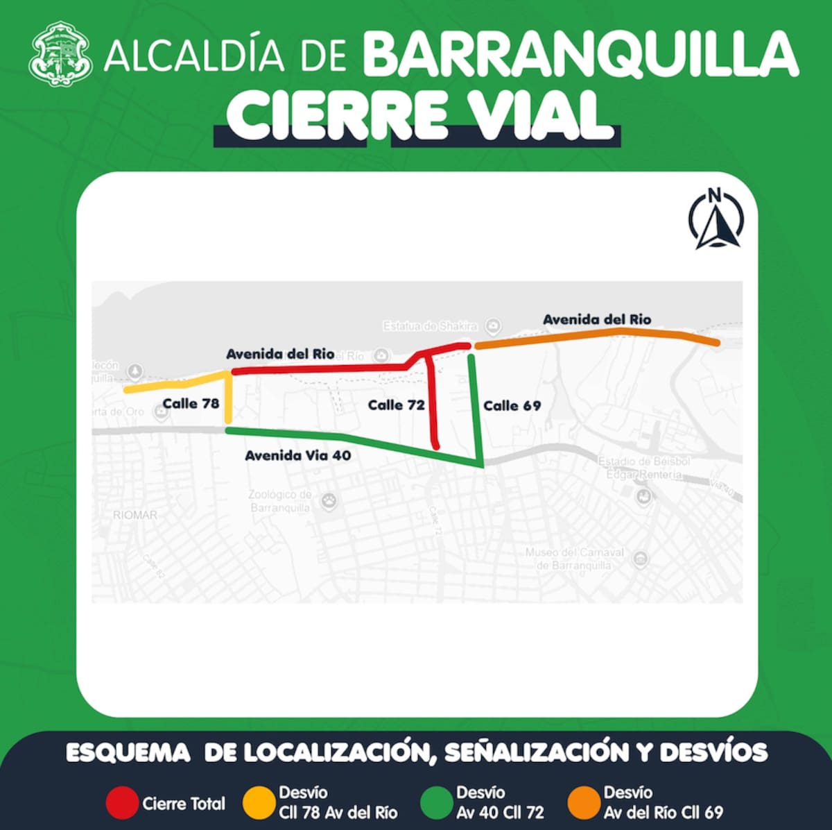 Estas son las rutas de desvíos que deben tener en cuenta los conductores durante la realización del Circuito Pony Malta que se correrá este domingo en Barranquilla. //Cortesía Alcaldía de Barranquilla.