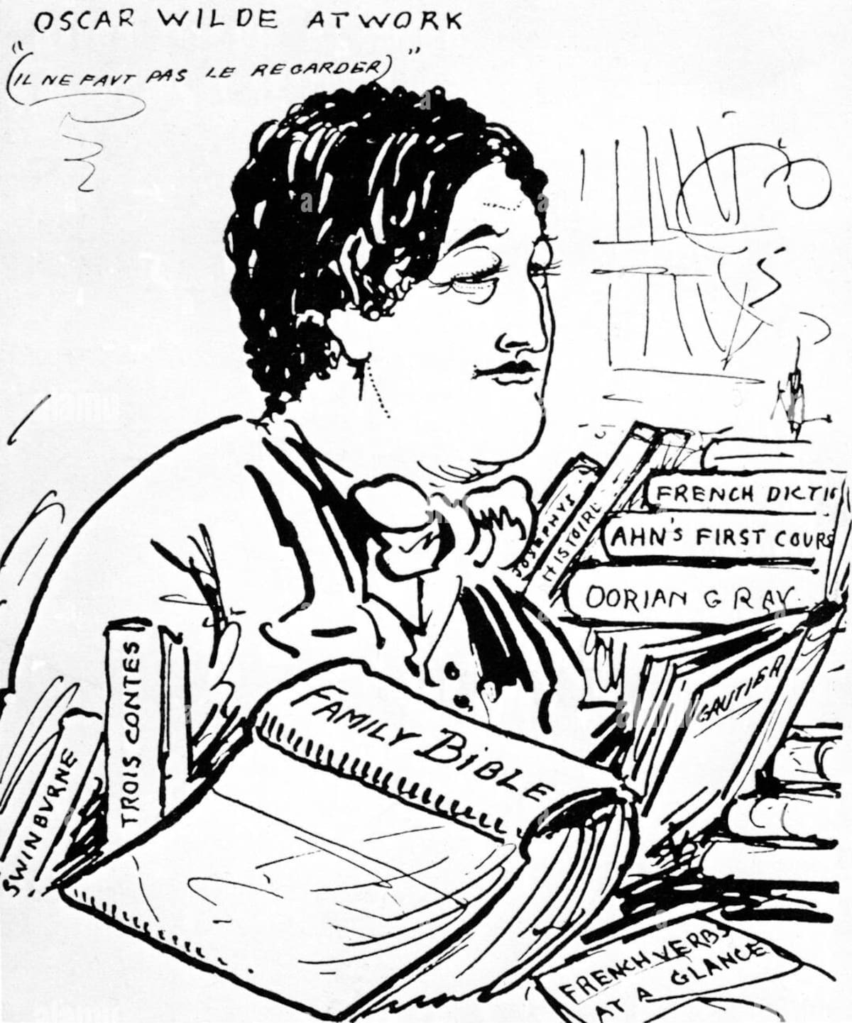 Caricatura de Oscar Wilde en el acto de escribir Salomé, hecha por Aubrey Beardsley. //Foto: Alamy.