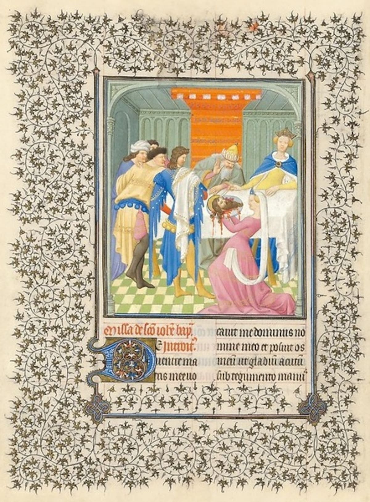 Salomé con la cabeza de Juan el Bautista, Folio 212v de las Bellas Horas de Jean de Berry.