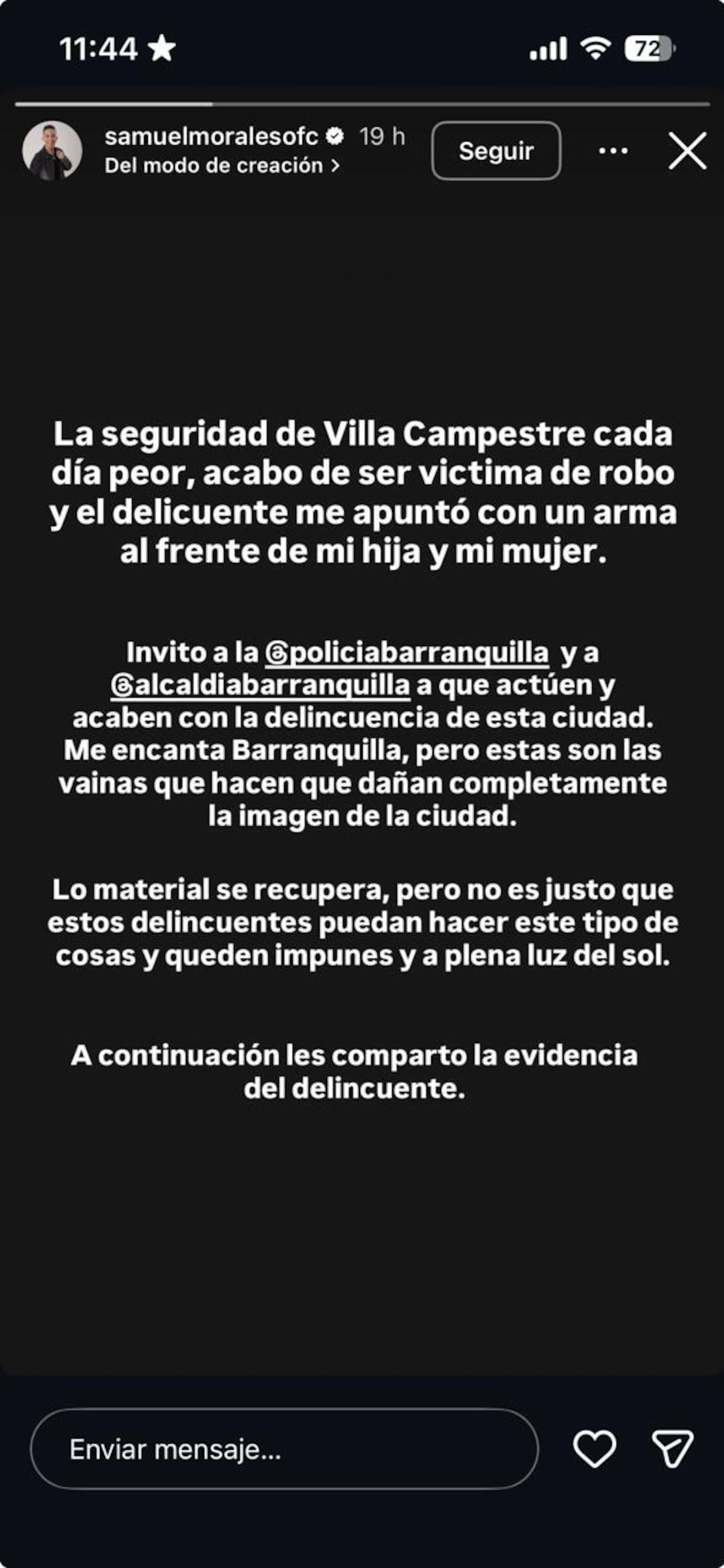 Samuel Morales fue víctima de robo mientras se encontraba con su familia. //Foto: @samuelmoralesof