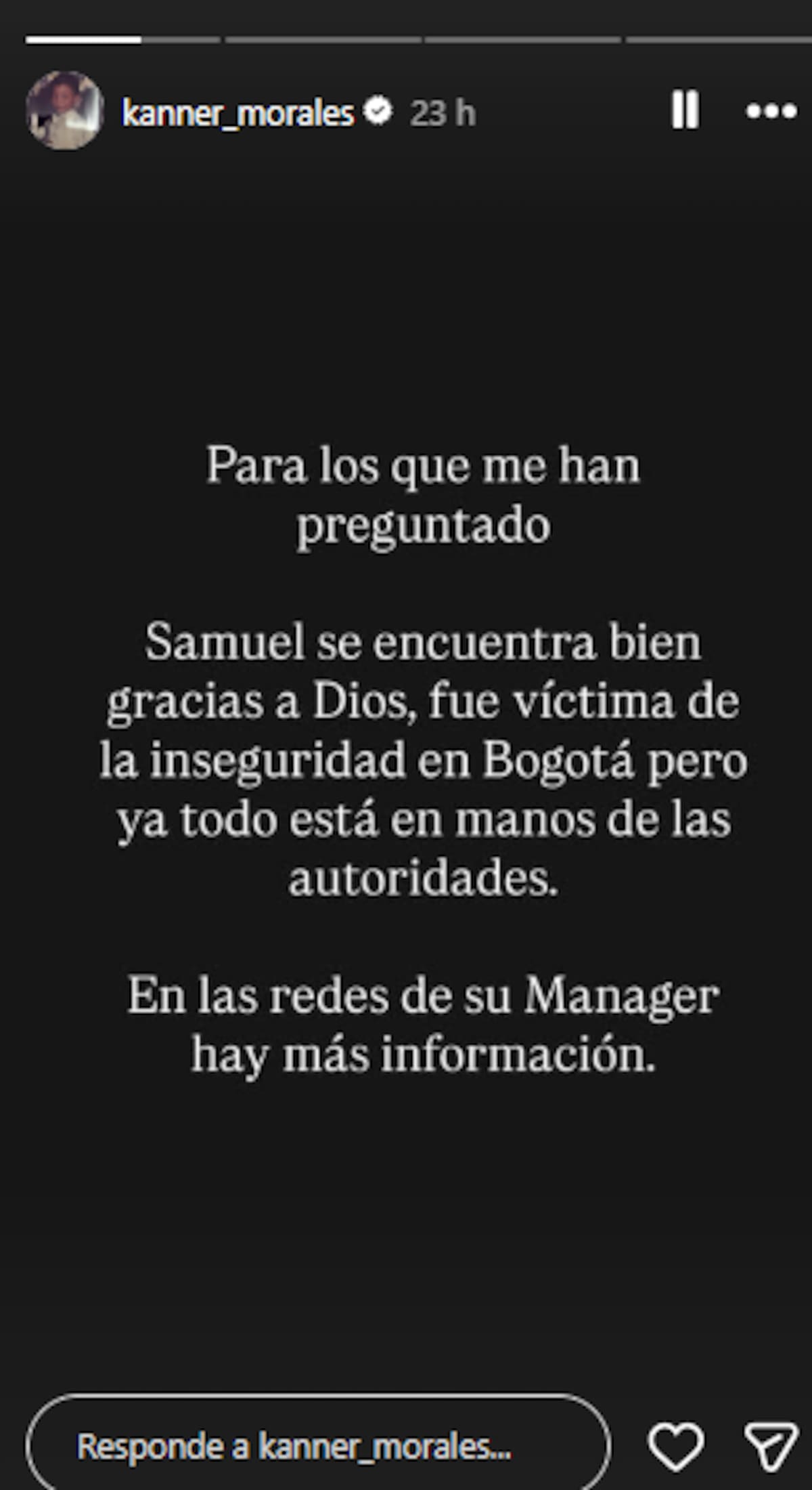 Kanner Morales anuncia que Samuel se encuentra sano y salvo. //Foto: @kanner_morales.