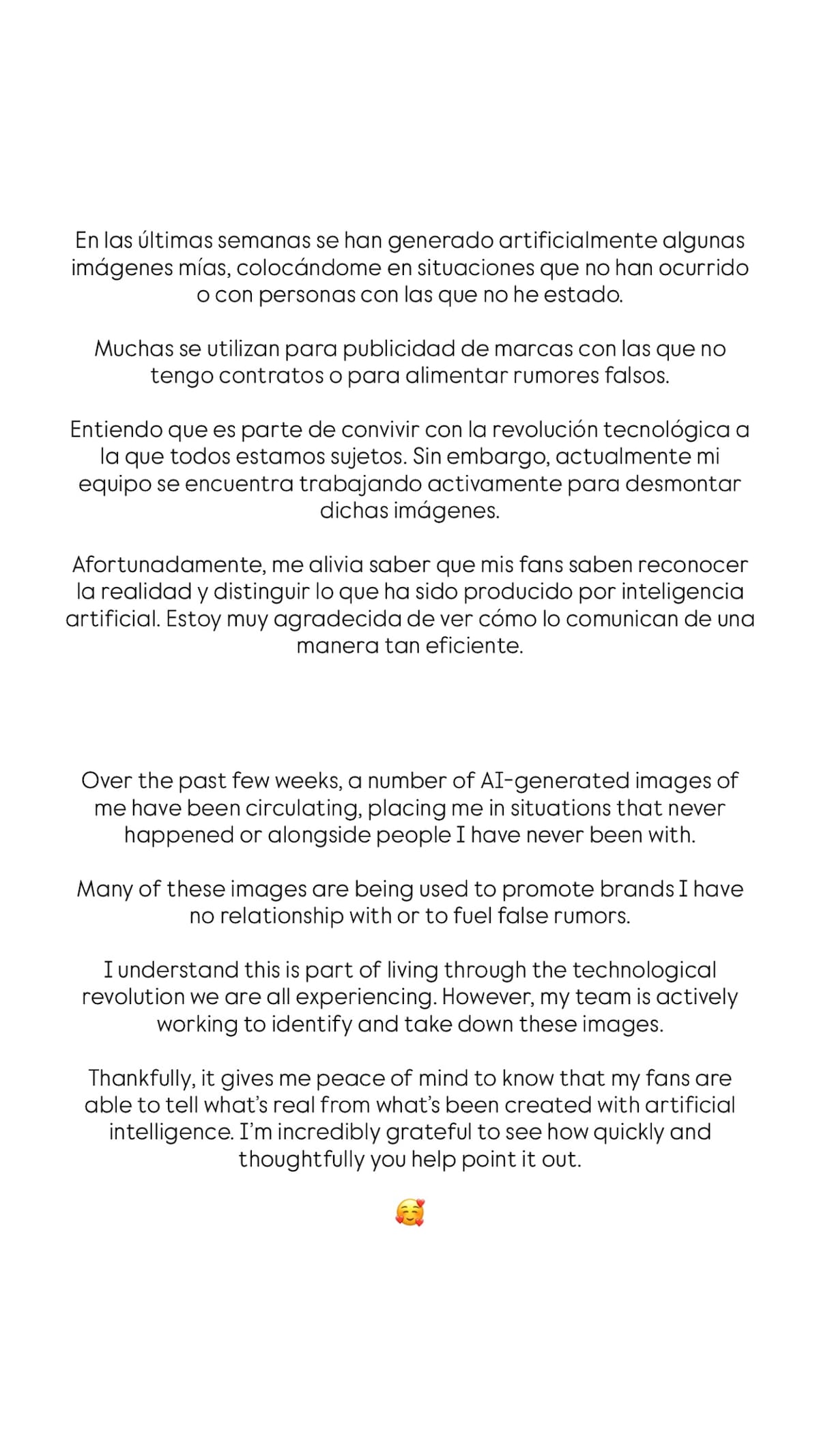 Comunicado de Shakira sobre el uso de su imágen en fotos hechas con IA. //Foto: @shakira.