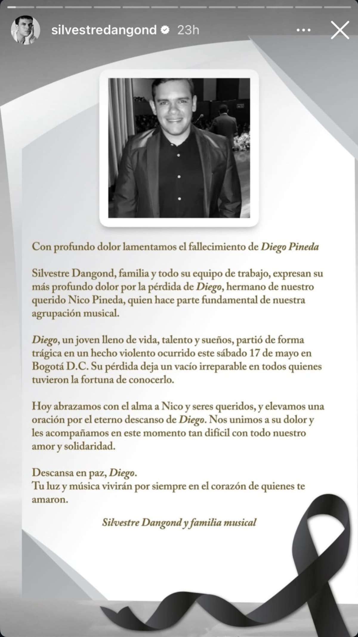 Silvestre Dangond lamenta la muerte de Diego Pineda, hermano de su corista. //Foto: IG @silvestredangond.
