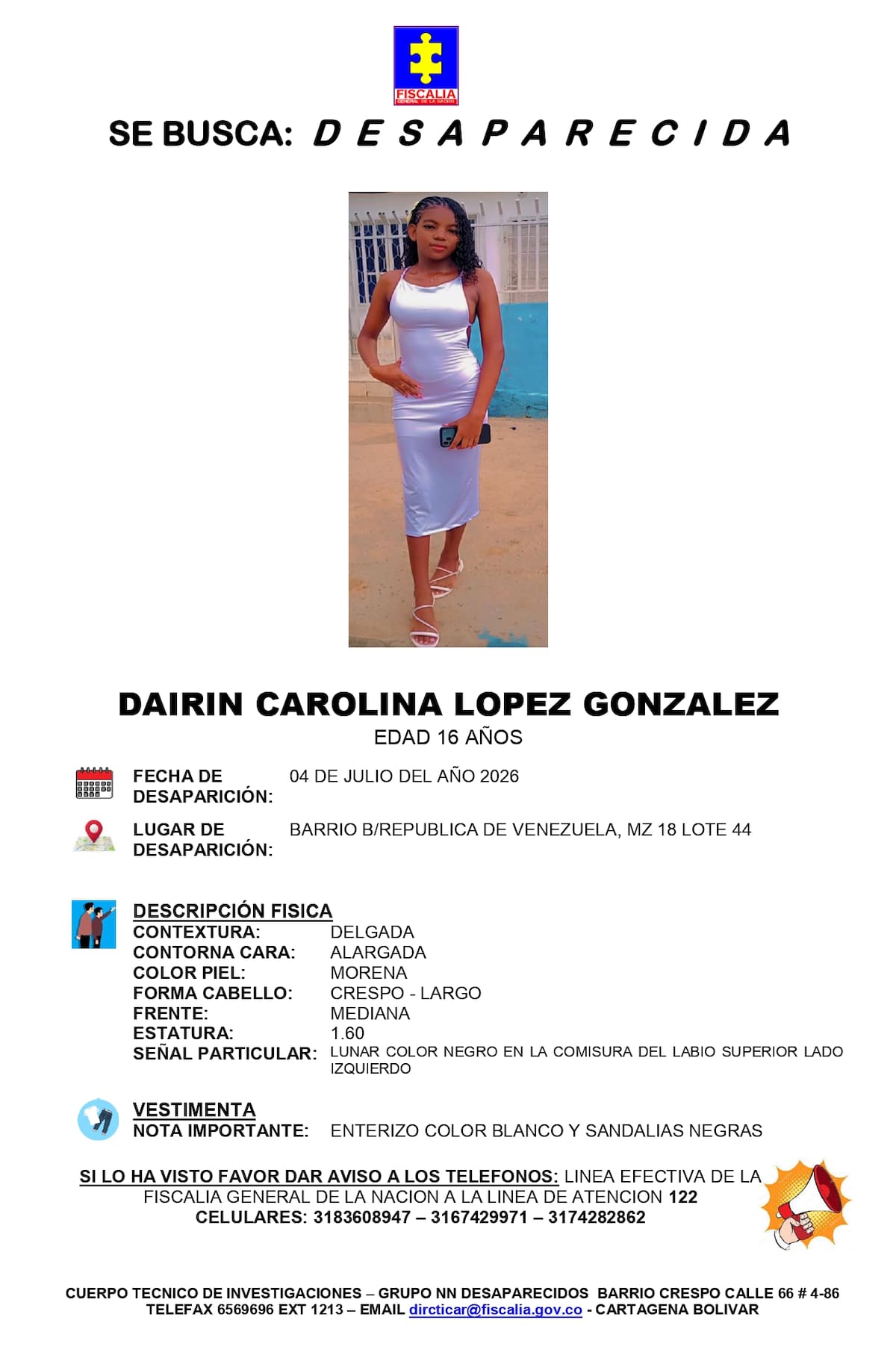 Sin rastro de Dairin López González, adolescente de 16 años desaparecida en Cartagena. // Foto: Fiscalía General