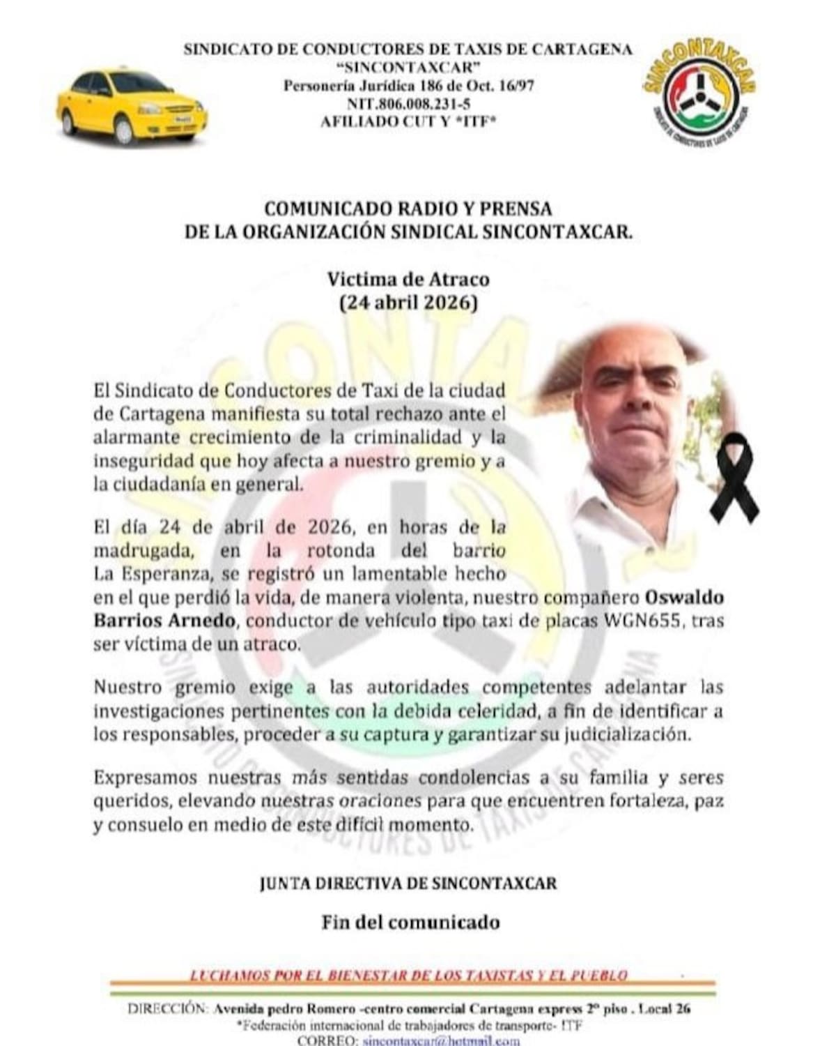 Pronunciamiento del Sindicato de taxistas de Cartagena.