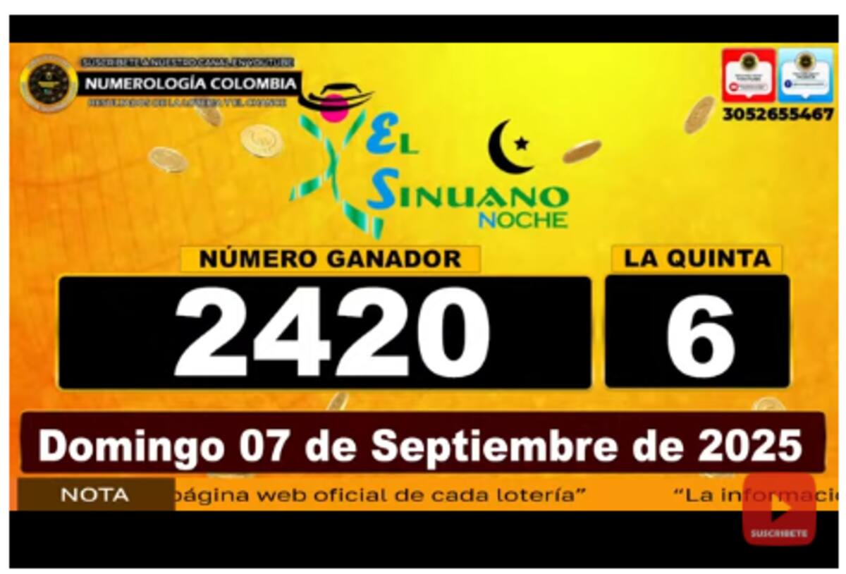 Resultados del sorteo de El Sinuano Noche del 7 de septiembre de 2025.
