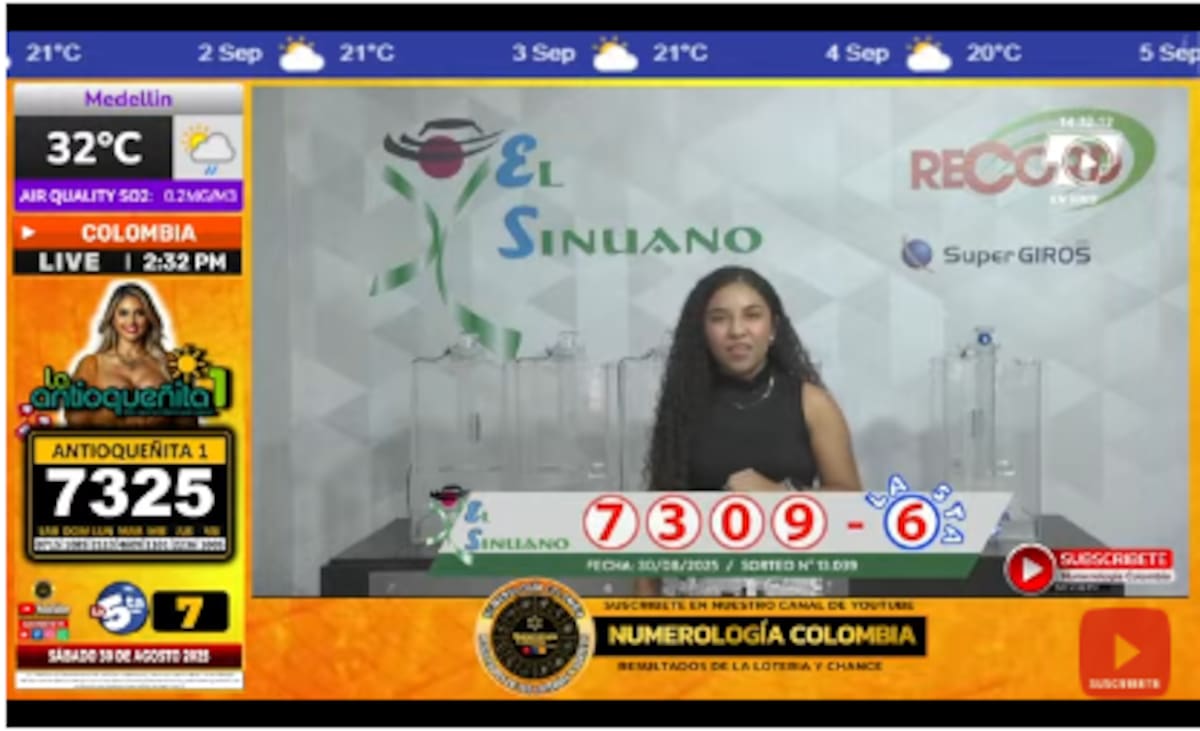 Resultado del sorteo El Sinuano Noche del 30 de agosto de 2025.