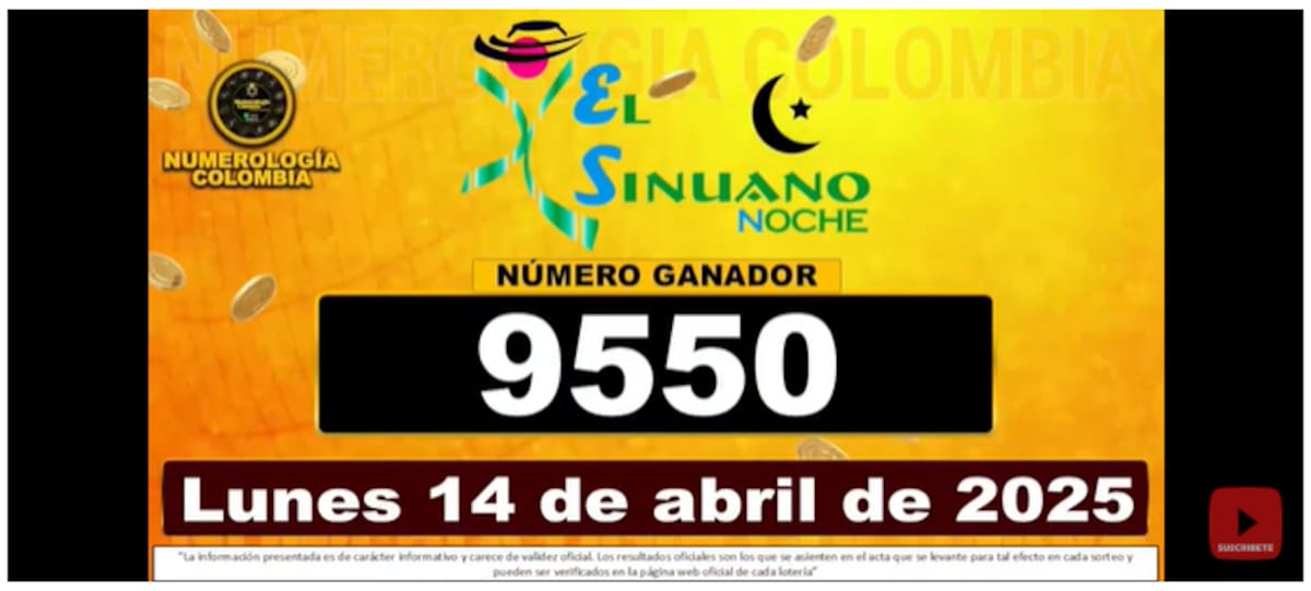 Resultados del sorteo de El Sinuano Noche del 14 de abril de 2025.