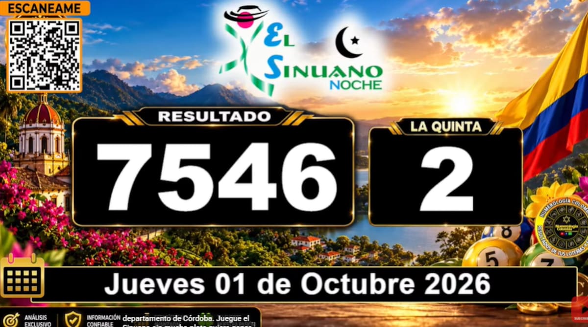 Sinuano Noche del 1 de octubre de 2026. // Foto: captura de pantalla del canal de YouTube @NumerologíaColombia.