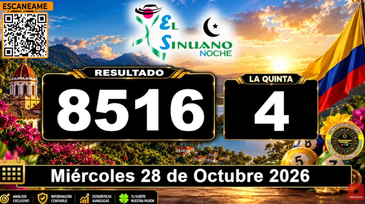 Sinuano Noche del 28 de octubre de 2026. // Foto: captura de pantalla del canal de YouTube @NumerologíaColombia.