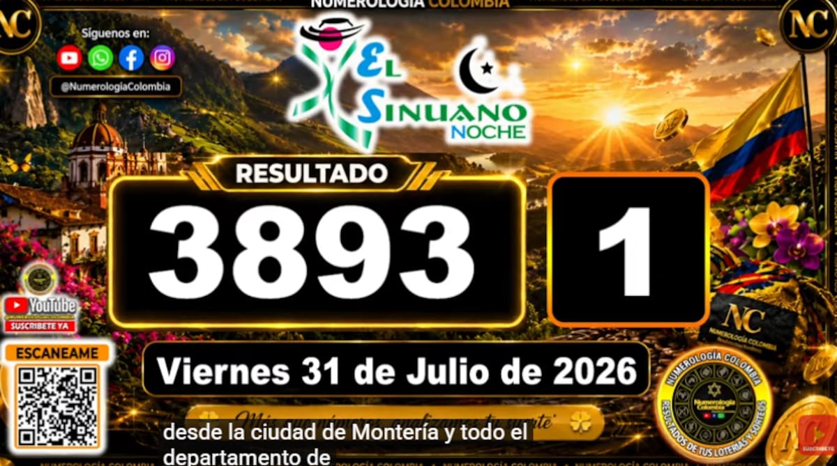 Sinuano Noche del 31 de julio de 2026. // Foto: captura de pantalla del canal de YouTube @NumerologíaColombia.
