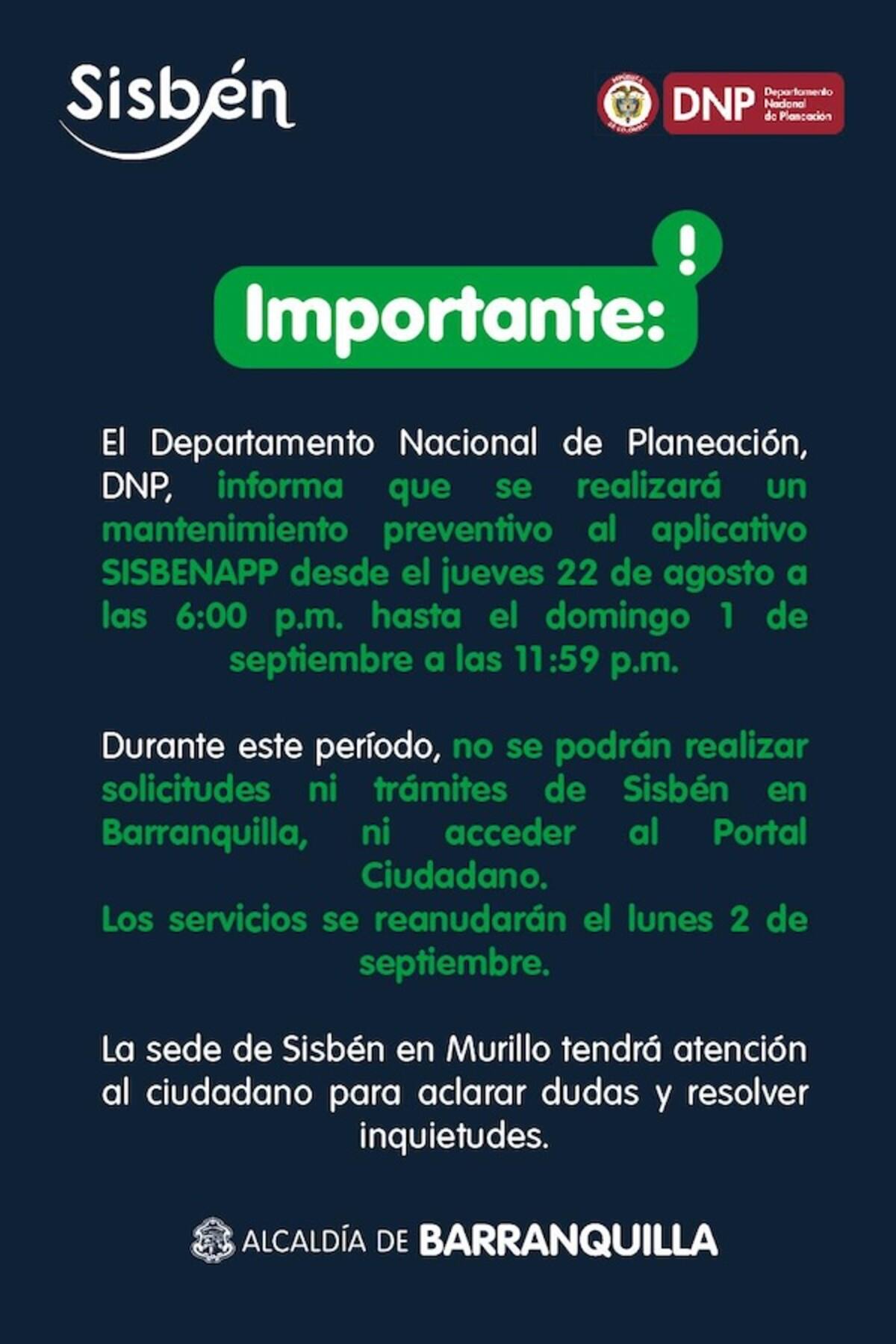 Durante 9 días no realizará trámites de Sisbén en Barranquilla y demás ciudades de Colombia, porque la página estará en mantenimiento.