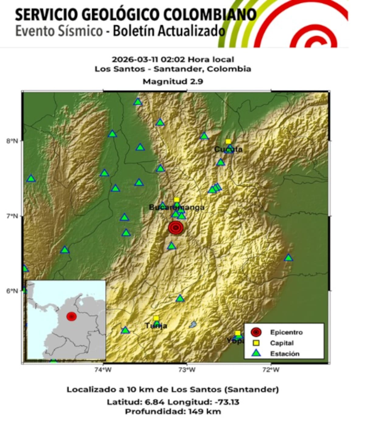 Sismo en Los Santos, Santander. // Foto: Servicio Geológico Colombiano