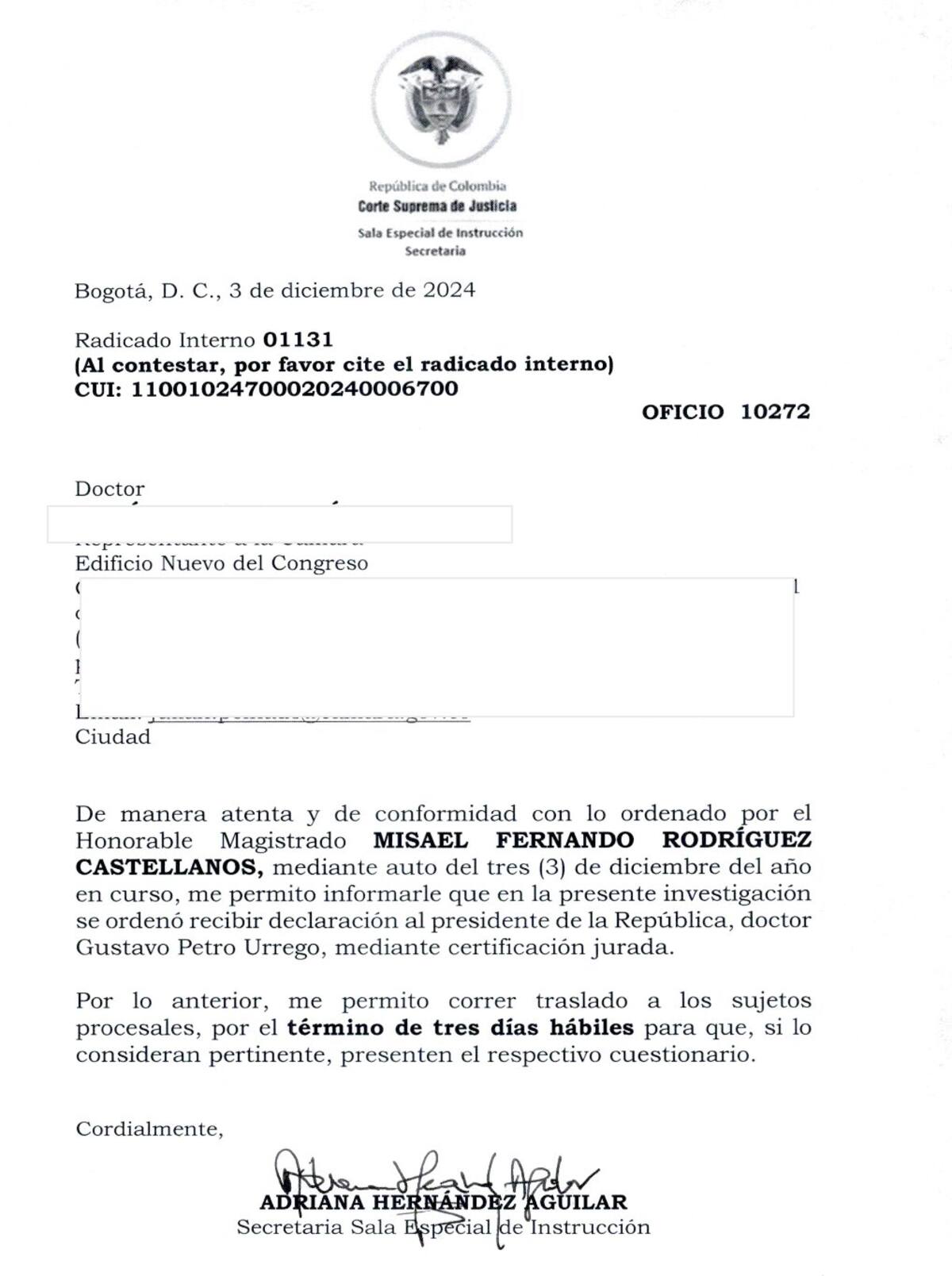 Solicitud del magistrado Misael Fernando Rodríguez Castellanos. // Foto: tomada de X