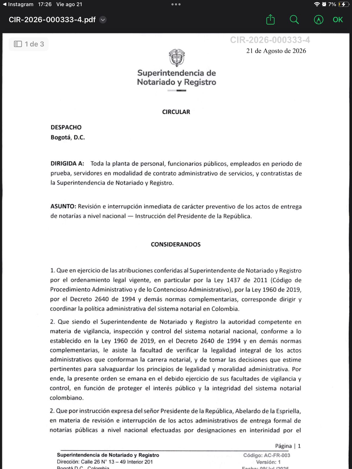 Superintendencia de Notariado ordena suspender la entrega de notarías en todo el país. // captura