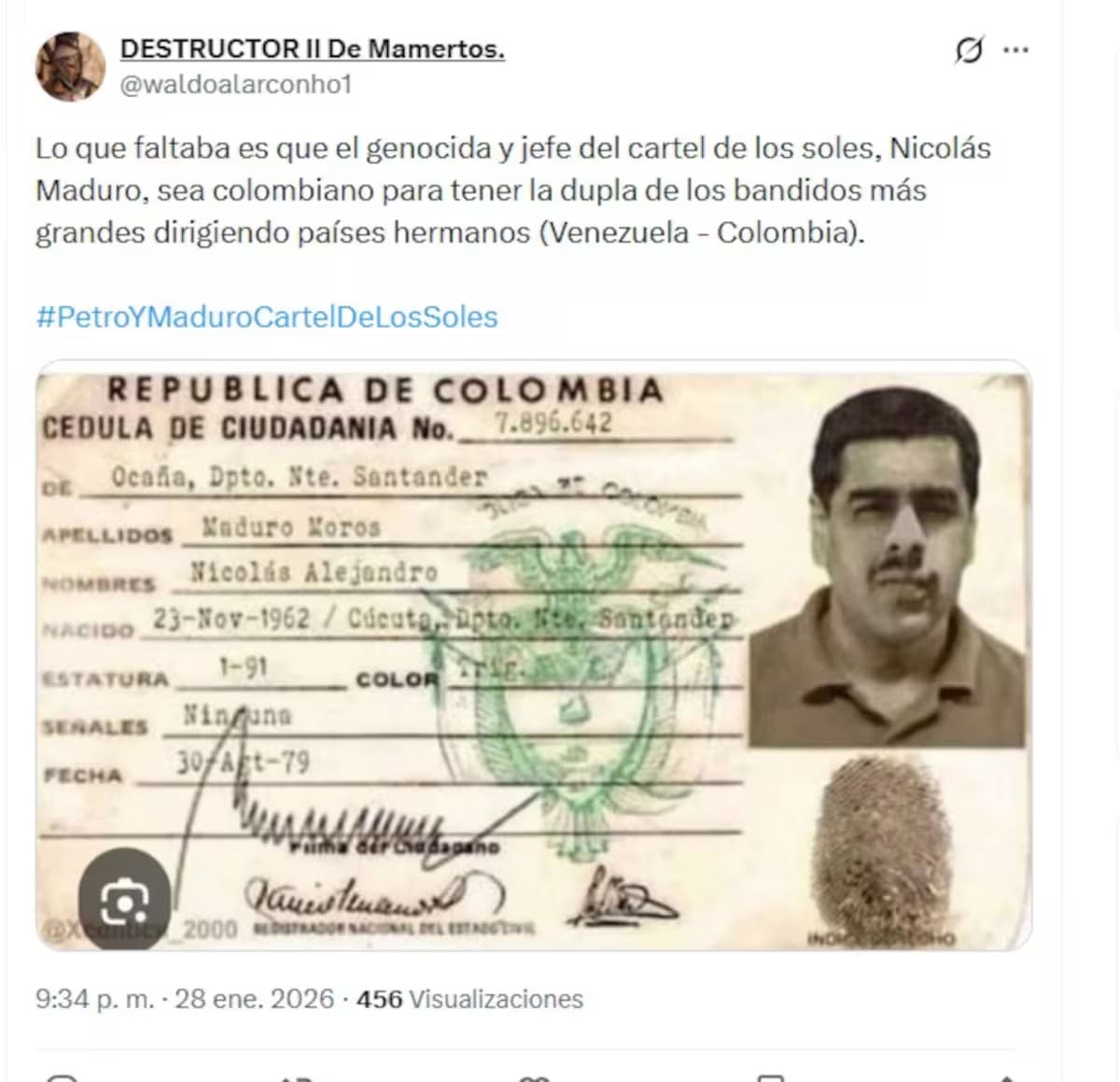 Supuesta cédula colombiana de Nicolás Maduro. // Foto: Vanguardia
