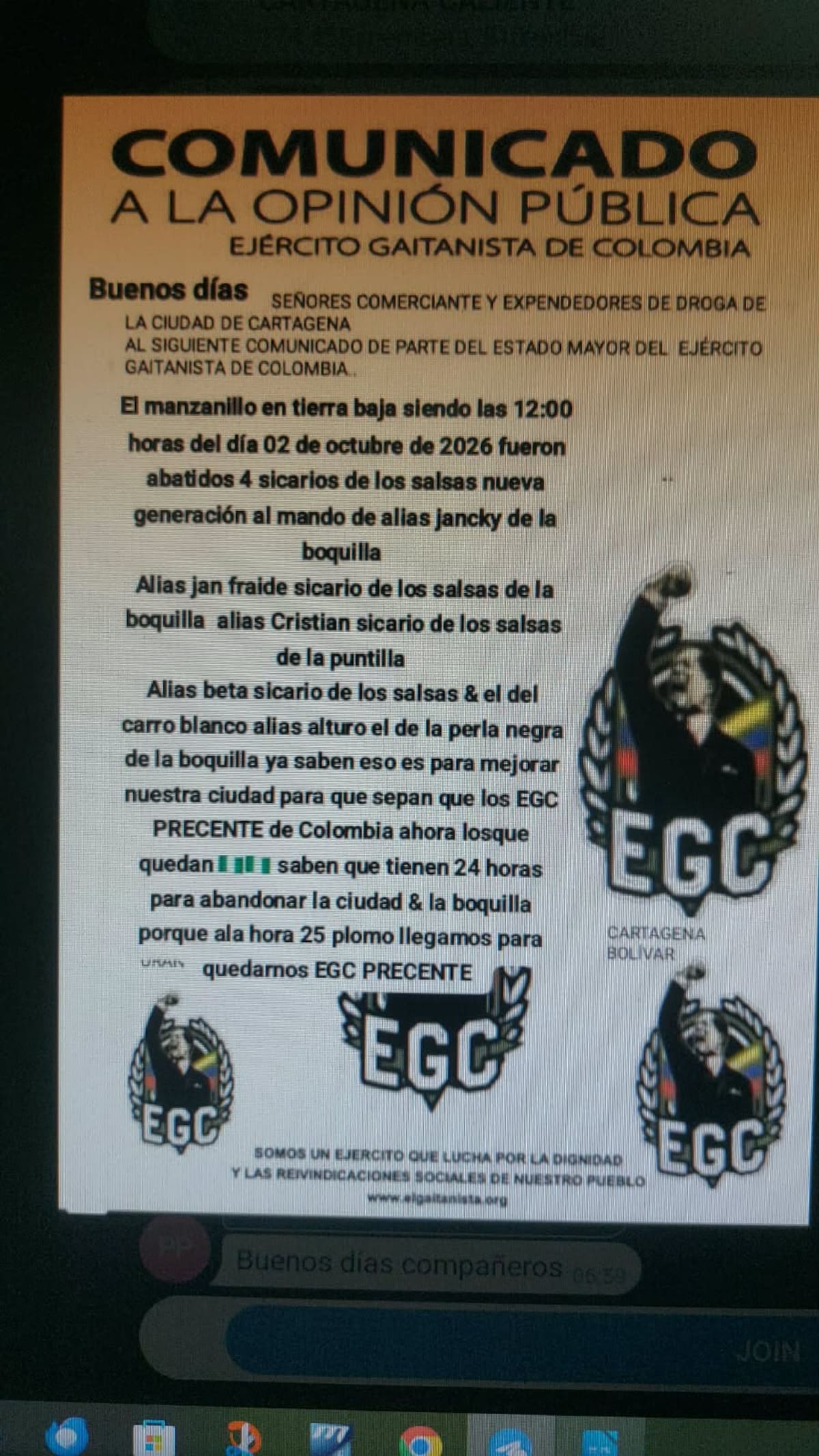 Supuesto panfleto amenazante difundido en las redes sociales, en La Boquilla.